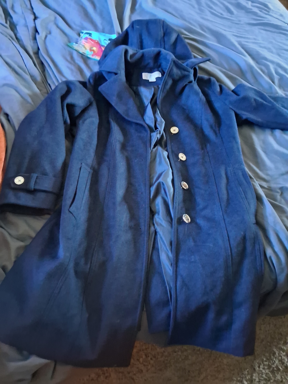 Michael Kors Navy Wool-Blend Pea Coat with Button Front